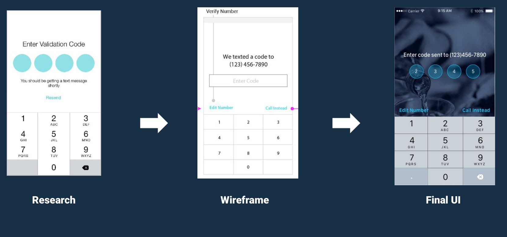 One screen from research reference to wireframe to shipped UI